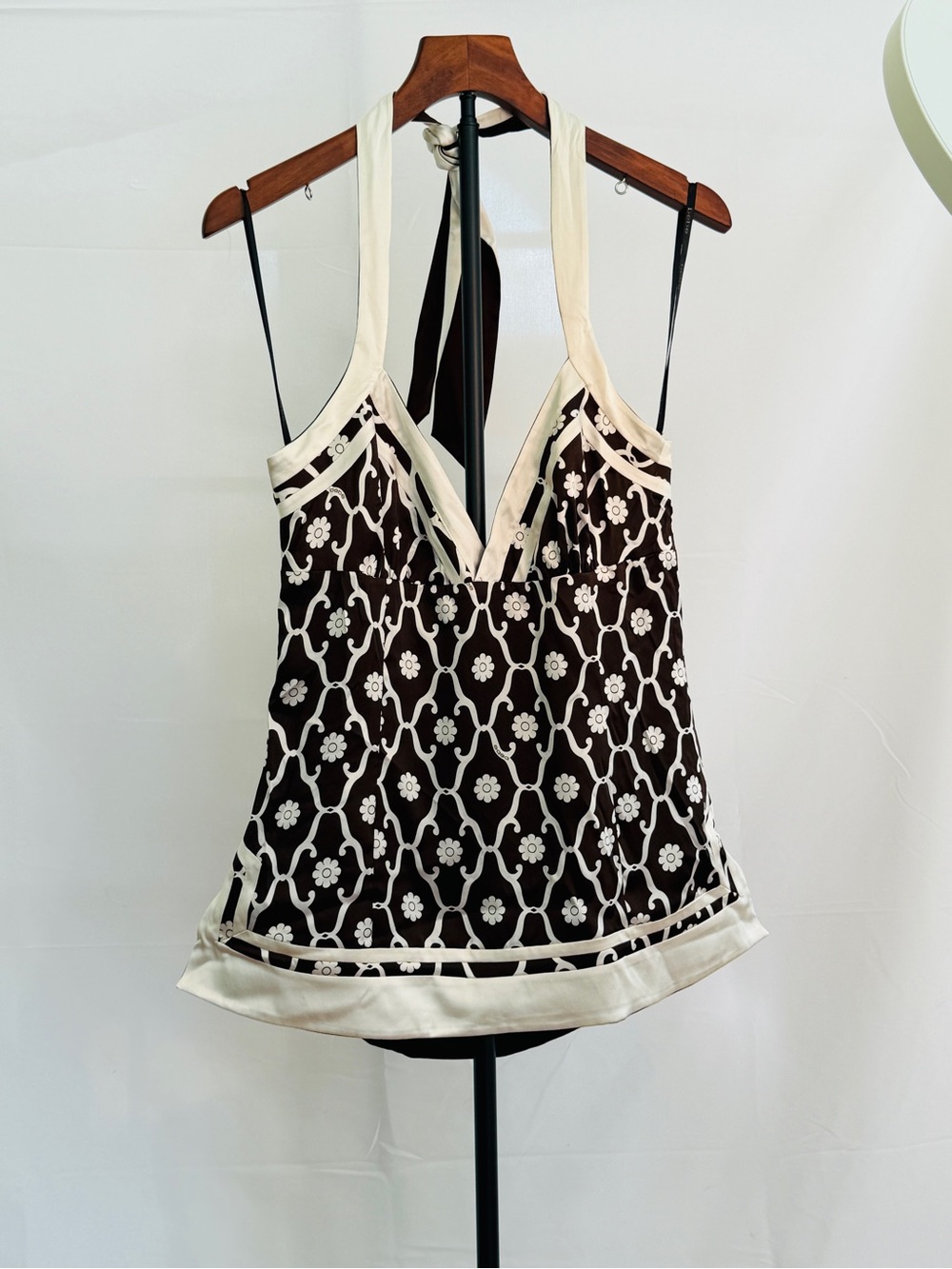 Bebe.  Reversible Women’s Brown and Cream Halter Silk Top - Picture 3 of 6